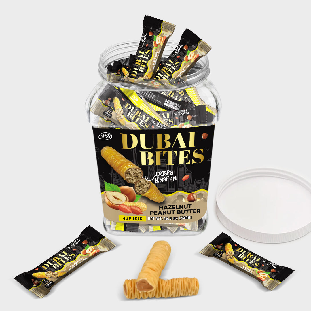 Dubai Bites with Hazelnut Chocolate Peanut Butter Cream Crispy Khunafa Kataifi